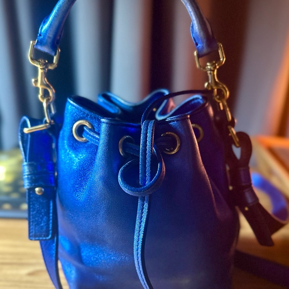Saint Laurent Metallic Cobalt Blue Leather Emmanuel 2-way Crossbody Bucket Bag - Picture 15 of 15